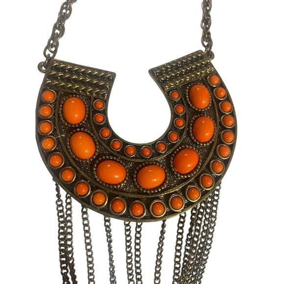 Orange and Dark Goldtone Statement necklace with chain detail - Picture 2 of 5